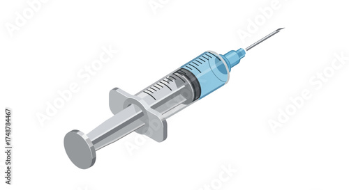 Detailed illustration of a syringe filled with light blue liquid preparation