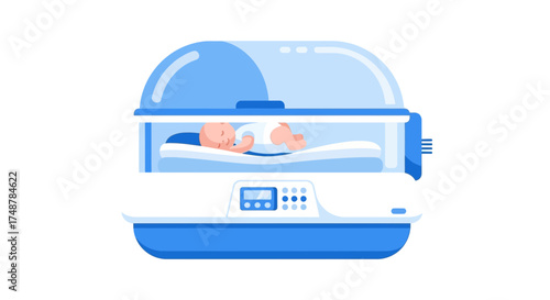 Illustration of a newborn baby in a blue incubator providing warmth