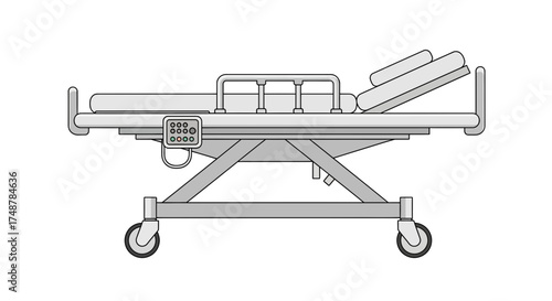 Illustration of an adjustable hospital bed with side rails and wheels