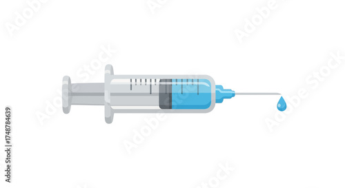 Illustration of a syringe with blue liquid and droplet isolated on white