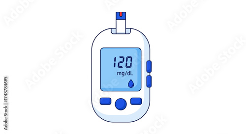 Isolated illustration of a blood glucose meter reading of 120 mg/dL