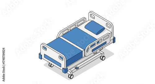 Isometric illustration showcasing a hospital bed isolated on white background