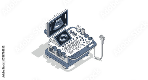 Isometric ultrasound machine illustration conveying modern diagnostic clarity
