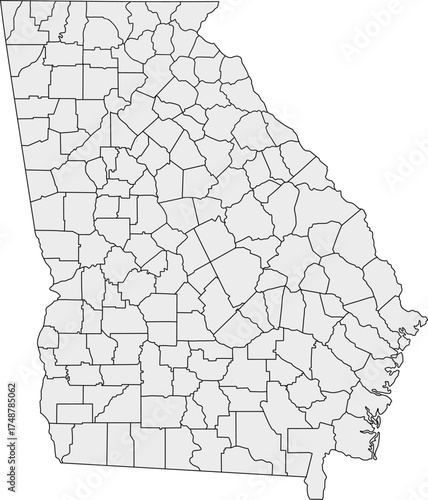 Gray silhouette vector of Georgia state with all internal county borders clearly defined, providing a clean and minimalist political map of the Southeastern U.S. territory.

