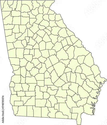 Soft yellow silhouette vector of Georgia state with all internal county borders clearly defined, providing a clean and minimalist political map of the Southeastern U.S. territory.

