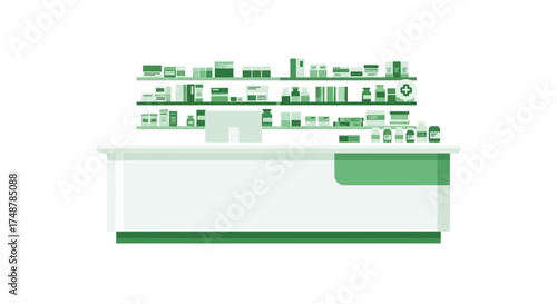 Modern pharmacy interior with shelves full of medicines, minimalist design
