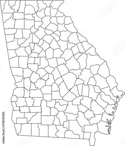 Detailed vector map of Georgia state  showing all internal county borders and administrative divisions, providing a complete geographic and political template of the Southeastern United States 