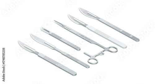 Surgical instruments collection featuring scalpels and hemostatic forceps isolated