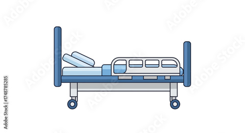 A modern hospital bed design with adjustable railing and pillows illustration