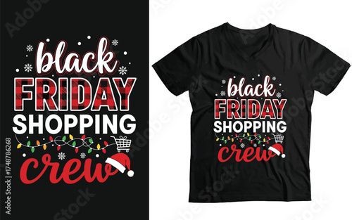 Black Friday Shopping Crew T-Shirt Design with Plaid and Christmas Lights