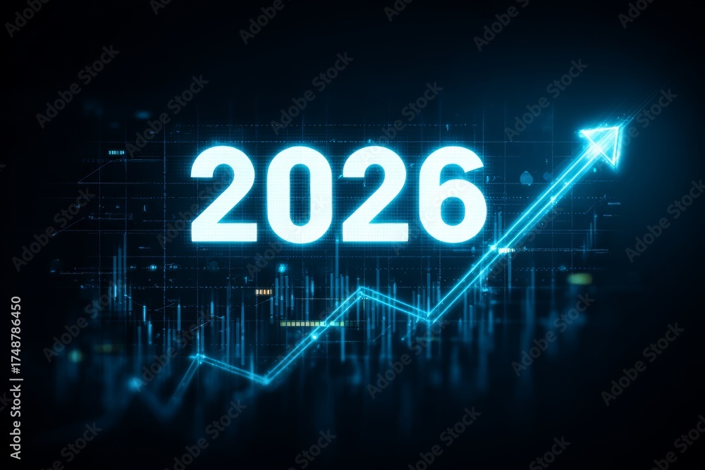 Fototapeta premium Business chart with upward arrow ending at glowing number 2026