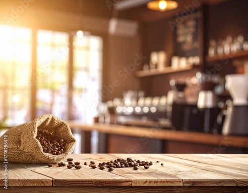 Coffee Beans Spill From Bag on Rustic Wooden Table with Blurred Cafe Interior and Warm Sunlight