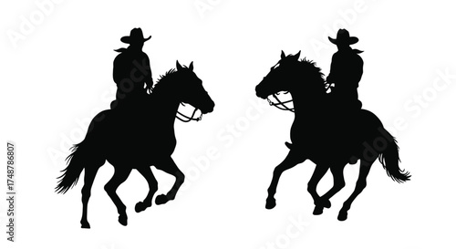 Silhouetted cowboys on horseback depicting a western adventure scene