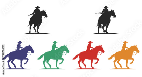 Silhouettes of cowboys on horseback in various vibrant color schemes