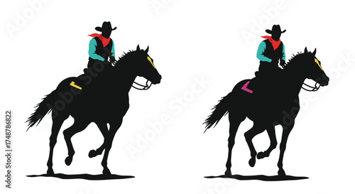 Silhouette of two cowboys riding horses dynamic and western themed artwork
