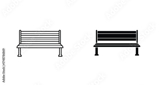 Two simple park benches illustrated in contrasting black and white styles