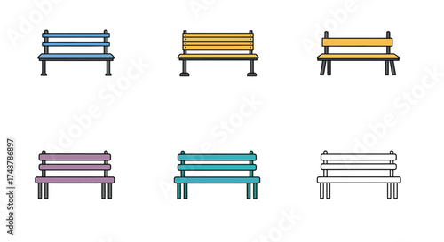 Colorful collection of simplistic wooden benches in a flat design style