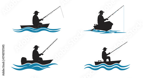 Silhouette depictions of fishermen in boats enjoying a peaceful day