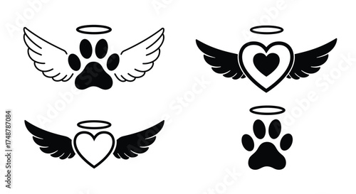 Angel wings with paw prints and hearts a memorial design set
