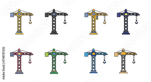 Colorful cartoon illustrations of construction cranes in various designs and shades