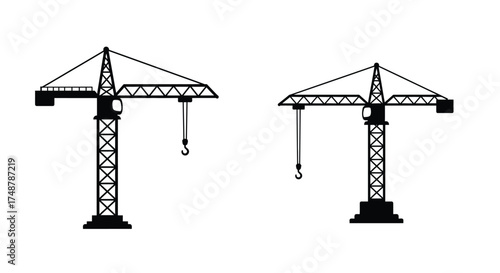 Simple black and white illustration of two construction tower cranes depicted