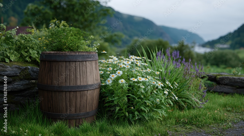 Fototapeta premium Recycled Wooden Barrel Surrounded by Vibrant Flowers in a Scenic Landscape