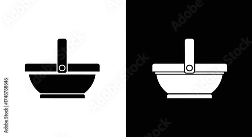 A minimalist graphic illustration of a shopping basket icon, presented in both black on white and white on black versions.