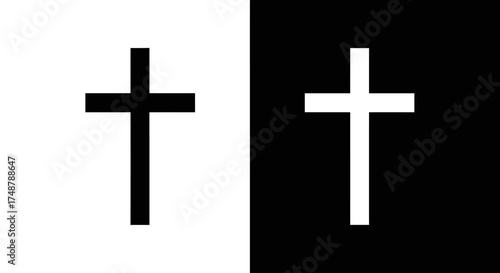 Two simple Christian crosses in stark black and white contrast on a vertically split background.