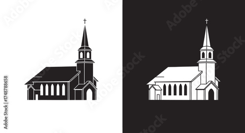 A simple black and white graphic illustration of a traditional Christian church with a steeple, presented in both positive and negative versions.