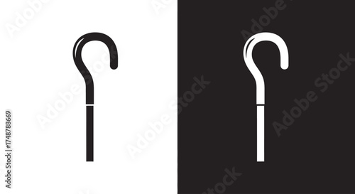 A minimalist black and white icon of a walking cane with a curved handle, shown in both positive and negative versions.