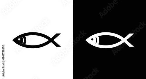 Two minimalist Ichthys fish symbols, a black icon on a white background and a white icon on a black background.