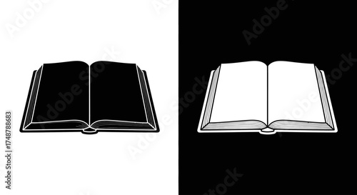 A high-contrast graphic of an open book, presented as both a black silhouette on white and a white outline on black.
