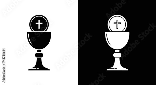 A Christian chalice and host with a cross, representing the Holy Communion or Eucharist, shown as a black and white icon.