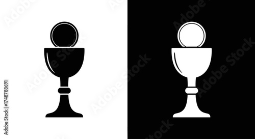 A black and white icon of a Christian chalice and host, a symbol of Holy Communion, shown in positive and negative space variations.