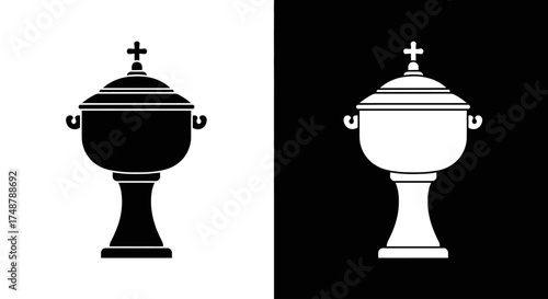 Black and white icons of a Christian ciborium, a sacred liturgical vessel with a cross-topped lid.