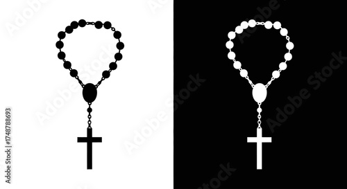 A black and a white silhouette icon of a Catholic rosary with a crucifix, on contrasting backgrounds.