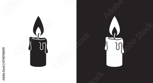 A simple black and white icon set of a lit candle with melting wax dripping down the side.
