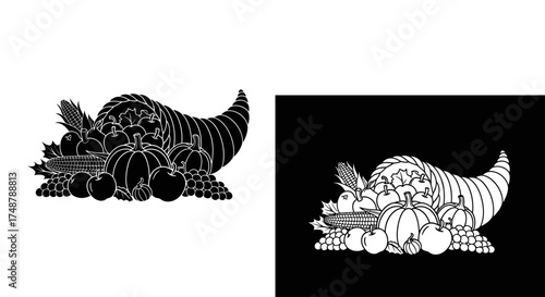 A black and white graphic illustration of a cornucopia, or horn of plenty, overflowing with autumn harvest produce.