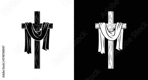 A black and white illustration of a wooden Christian cross draped with cloth, symbolizing crucifixion and resurrection.