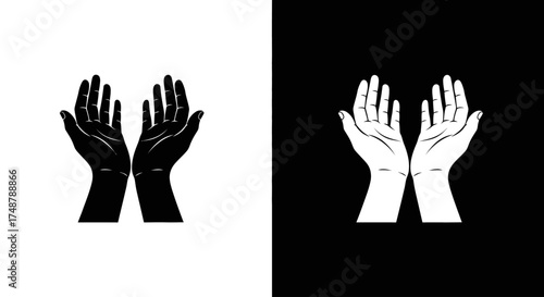 A graphic illustration of two open hands in a gesture of prayer or offering, shown in black and white versions.