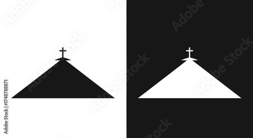 A minimalist black and white graphic icon of a church building, depicted as a triangle with a cross on top.