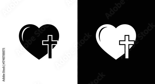 A simple black and white icon of a heart with a Christian cross, symbolizing faith, love, and religion.