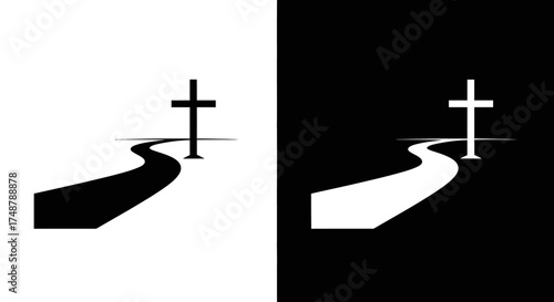 A minimalist black and white graphic showing a path leading to a Christian cross, presented in both positive and negative space.