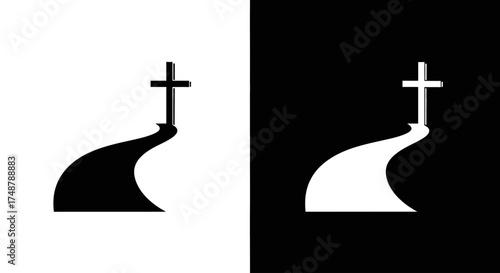 A simple graphic icon of a path leading to a Christian cross, shown in both black on white and white on black versions.