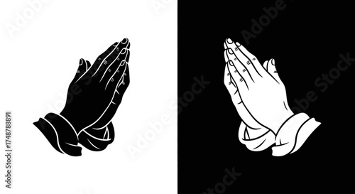 A black and white graphic illustration of praying hands, presented in both positive and negative versions side-by-side.