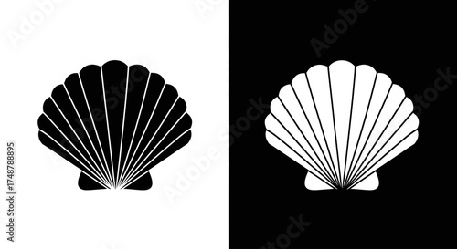 Simple black and white scallop shell icons presented side-by-side in positive and negative space.