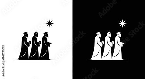 A graphic illustration of the three biblical Magi wearing crowns and following the guiding Christmas star.