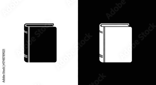 A minimalist graphic of two contrasting book icons on a split black and white background.