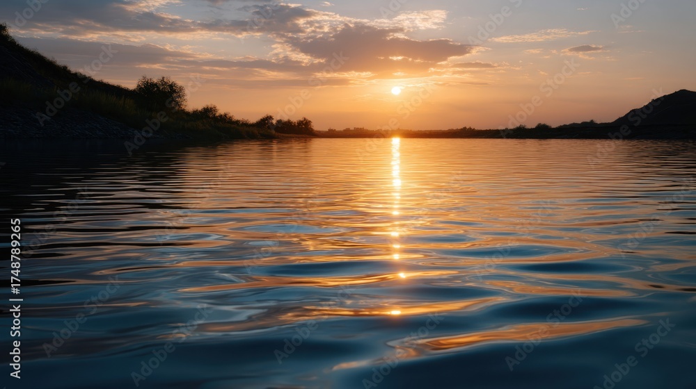 Obraz premium Serene Sunset Glow Reflecting on Calm Water with Gentle Ripples in the Background