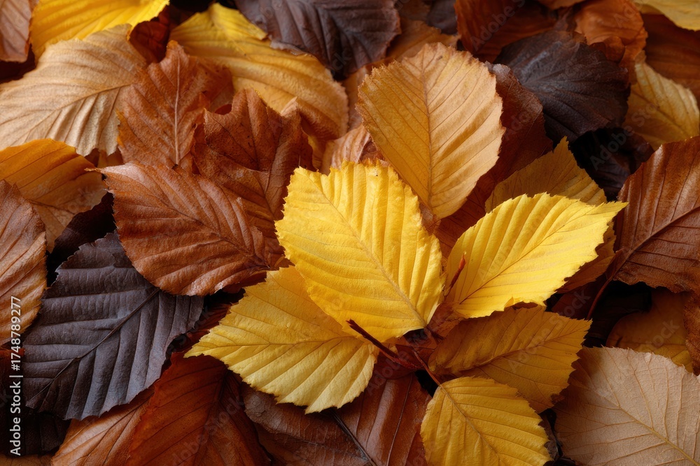 Fototapeta premium A cluster of beech leaves displays a range of autumn hues from brown to yellow showing their textured veins and varying depths